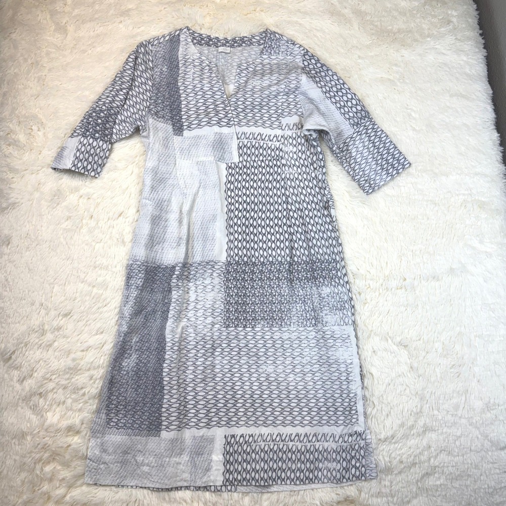 Poetry Midi Dress Womens Size 8 White Gray Tencel Linen Patchwork Print Pocket